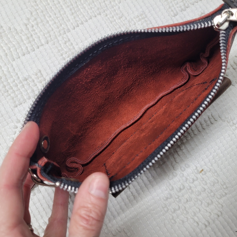 Handmade Womens Red And Brown Leather Clutch With Detachable Wristlet Strap - Picture 3 of 9